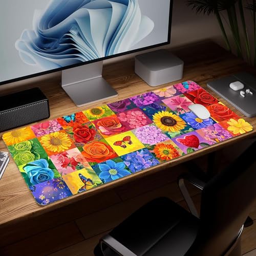 Leather Flower Desk Pad, Colorful Art Mouse Pad Large Computer Keyboard Gaming Mousepad Waterproof Desktop Protector & Cover, Decorative PU Leather Laptop Mouse Mat Home Decor 10 x 25.6 inch C56 - color: colorful-17