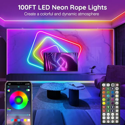 AILBTON 100Ft Neon Rope Lights,Flexible Led Rope Lights Control with App/Remote,Multiple Modes Music Sync Gaming RGB Led Neon Lights for Bedroom Outdoor - size: 100FT