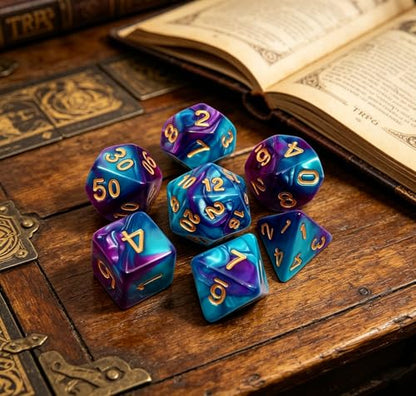 DND Dice Set RPG Polyhedral Dice for Dungeon and Dragons D&D RPG Role Playing Games 7-Die Set (Lake Blue Mix Purple) - color: Lake Blue & Rose Dcie