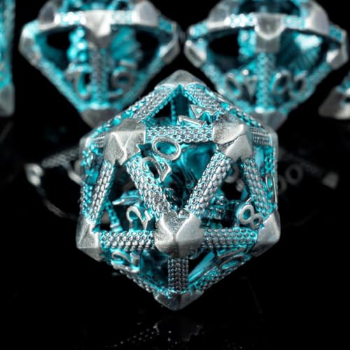 Hollow Metal DND Dice Set, 7-Piece Polyhedral RPG Gaming Dice with 3D Dragon Design, Cyan, for Dungeons and Dragons, Pathfinder, MTG - color: 3d Dragon Cyan