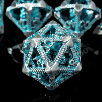 Hollow Metal DND Dice Set, 7-Piece Polyhedral RPG Gaming Dice with 3D Dragon Design, Cyan, for Dungeons and Dragons, Pathfinder, MTG - color: 3d Dragon Cyan