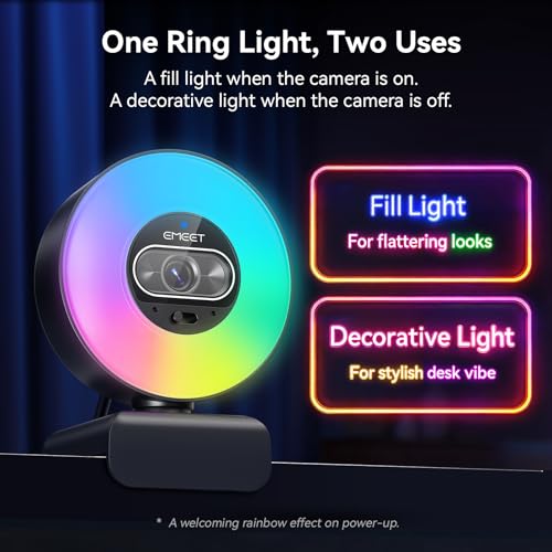 EMEET S600L 4K Webcam for Streaming with Ring Light, 1/2" Sensor, 0.2S PDAF | 4 Lighting Modes, Rainbow Effect, 2 Mics, Dial Control, 4K Webcam with Light for OBS/Twitch/YouTube/Zoom/PC/Mac - style: S600L Ring Light 1/2" Sensor