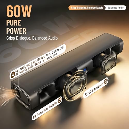 Sound Bar for Smart TV, 60W Bluetooth 5.3 Soundbar with Deep Bass & Clear Voice, Surround Sound with TV ARC/Optical/AUX, Slim 17-Inch Wall Mountable Sound Bar for TV, PC, Gaming & Projectors