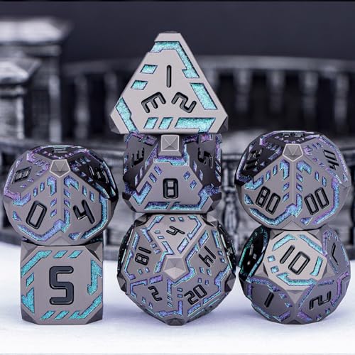 Metal DND Sci-fi Dice Set 7PCS Stripe Polyhedral Dice for Dungeons Dragons RPG Role Playing Game, Glitter D and D Dice with Gift Box D6 D8 D10 D12 D20 (Black&Green Purple) - color: Black - Green Purple