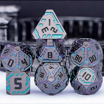 Metal DND Sci-fi Dice Set 7PCS Stripe Polyhedral Dice for Dungeons Dragons RPG Role Playing Game, Glitter D and D Dice with Gift Box D6 D8 D10 D12 D20 (Black&Green Purple) - color: Black - Green Purple