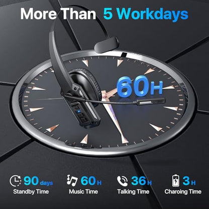 Trucker Bluetooth Headset with Mic, Wireless Headset for Work with Mute Button, 60H Battery, Over Ear Bluetooth Headset for Truck Driver, Office, Laptop, Cell Phone, Black