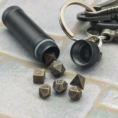 PJOY Mini Dice Set Portable Tiny Keychain DND Dice with D&D Dice Case 7PCS Antique Bronze Small Metal Dice Set for Role Playing Dice Games Compatible with Dungeons and Dragons Gifts - color: Bronze