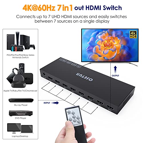 7 in 1 Out HDMI Switch 4K@60Hz with HDR, HDCP 2.2 & 3D and IR Remote Control for PS5, Xbox, Nintendo Switch, Apple TV, Roku, Fire Stick (Home/Office Use) - size: Enhanced 4K60Hz 7×1 HDMI Switch