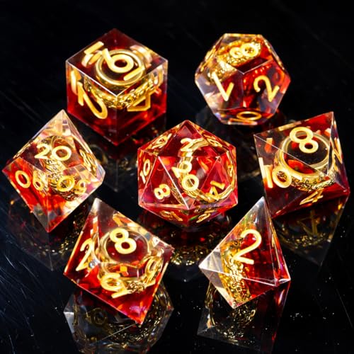 Ring DND Dice Set Sharp Edge Resin Dice,Golden Ring Inclusion Suitable for Lord of the Ring D&D Dice RPG Role Playing Games Suitable for Dungeons and Dragons Polyhedral Dice Set（red） - color: Red