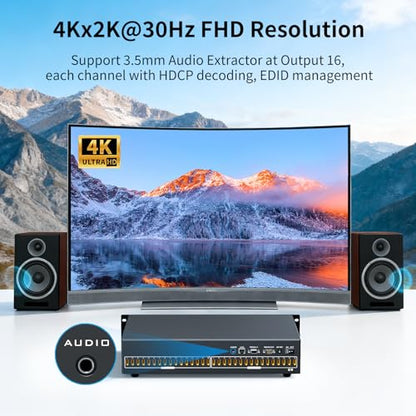2U Rackmount 16x16 HDMI Matrix Switch - 4K@30Hz with Downscale, 3.5mm Audio De-embedding, RS232 & LAN Control, EDID & HDCP Support, Web GUI, IR Remote - size: 16 in 16 out