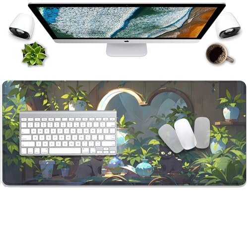 Lofi Cat Mouse Pad Green Plant Desk Pad,Black Cat Extended Gaming Mouse Mat with Stitched Edges Non-Slip Waterproof Rubber Base Mous Mat for Office,Computer,Keyboard,Laptop,Home Desk Pad(27.5X11.8 in) - color: Two Black Cat