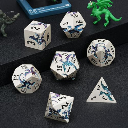 Metal D&D Dragon Dice Set,Metallic DND Polyhedral Dice for Dungeons and Dragons RPG TTRPG D&D 7-Die Set with Gift Case Pearl Silver Illusion to Blue Green Purple - color: Dragon-pearl Silver Illusion to Blue Green Purple