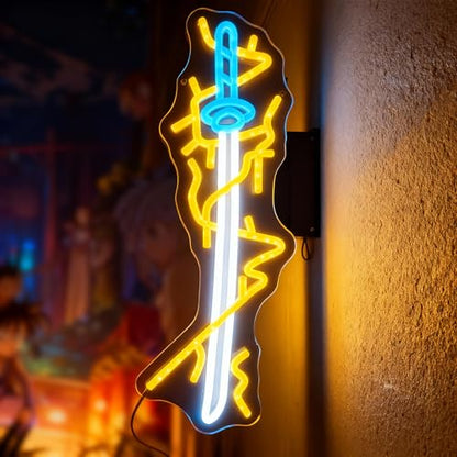 Anime Style Lightning Sword Neon Sign - Yellow & Blue LED Wall Art, USB Powered Dimmable Graffiti Light with 6-Level Brightness, Acrylic Backboard Hanging Lamp for Gaming Room, Bedroom, Man Cave (16.5 x 6.3 Inch) - color: YELLOW
