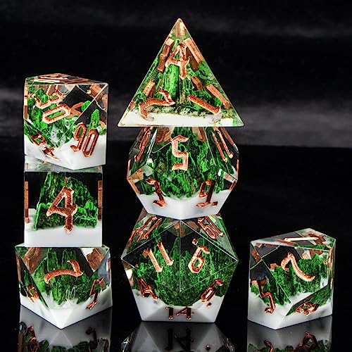 KERWELLSI DND Dice Set D&D, 7pcs Sharp Edge Resin D and D Dice with Gift Box, Nature Forest Mountain Dungeon Dragon Role Playing Dice D20 D12 D10 D8 D6 D4 - color: Green & White