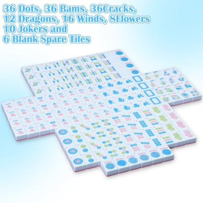 Ceenna American Mahjong Tile Set, 166 Tiles, 4 All-in-one Rack/Pushers, Complete Western Mahjong Set with Carrying Bag(Blue,Elegant) - color: Blue, style: Elegant