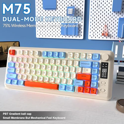 ZIYOU LANG M75 Wireless Gaming Keyboard, RGB Backlit Rechargeable 2000mAh Battery, Small Membrane But Mechanical Feel Keyboard with Smart Display & Knob, PBT Gradient keycaps for PC, MAC - Blueberry - color: Blueberry