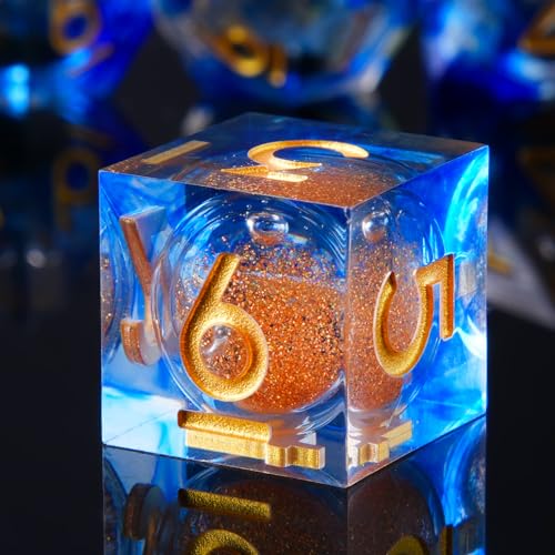 Liquid Core DND Dice Set, 7pcs Sharp Edge Dice for Role Playing Dungeons and Dragons Ttrpg with Gift Box, Handmade Resin D&D Dice RPG Role Playing Games Dice Set(Blue&Gold Quicksand) - color: Flower-bule Liquid Silver