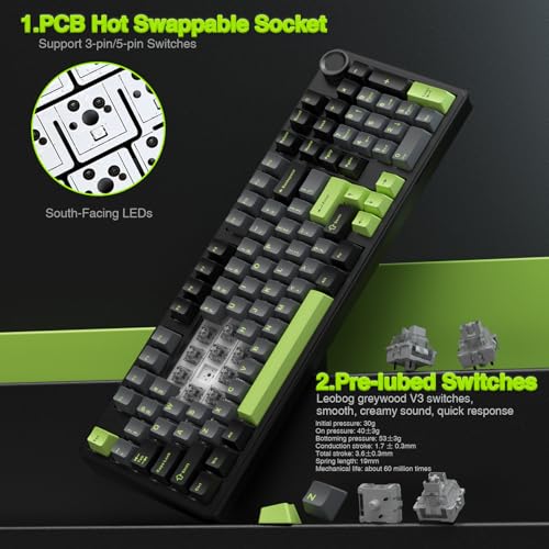 AULA F99 Pro Wireless Mechanical Keyboard with Knob,Creamy Sound,Tri-Mode BT5.0/USB-C/2.4GHz Hot Swappable Keyboard,Gasket Structure,RGB Backlit Computer Gaming Keyboards - color: With Knob-Black&Grey&Green
