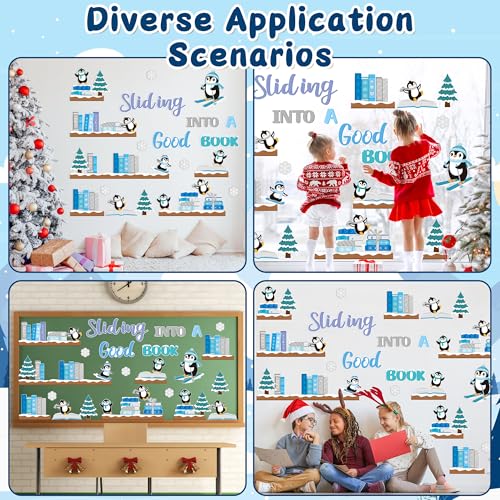 TICIAGA 79Pcs Winter Penguin Sliding Into A Good Book Bulletin Board Set, Winter Penguin Bookshelf Cutouts Trim Border for School Library Learning Classroom Chalkboard Wall Christmas Decorations - style: Winter