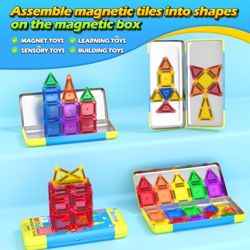 Soyee Mini Magnetic Tiles Travel Toddler Toys with Metal Tin Portable STEM Building Kids Toys for 3 4 5 6 7 8+ Years Old Boys & Girls & Birthday Gifts - size: Travel Set