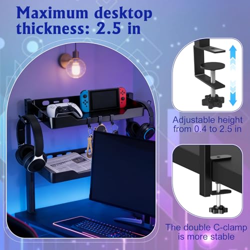 2-Tier Clamp on Desk Shelf, Dual-purpose Desk Organizer (Used on or Under Desk Storage), Desk Shelf Clamp with Hooks and High Load-bearing capacity, Suitable for Office Desk, Gaming Accessories