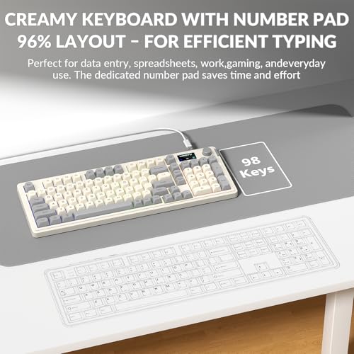 L98 Gaming Keyboard Wired, Cute Creamy Keyboard with Number Pad, Media Knob RGB Backlit, Quiet Office Computer Keyboards for PC Mac Laptop (Creamy Gray - Wired)