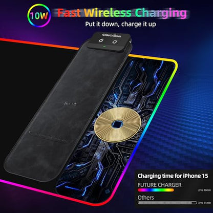 Gaming Mouse Pad, Wireless Charging Mouse Pad Gaming, 31.5"x11.8" Large RGB Desk Mat for Laptop/Computer/Keyboard, 9 Light Modes, Waterproof Smooth Surface, Non-Slip Base, Black - color: Black+RGB