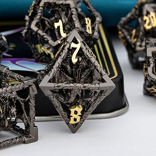 ARUOHHA Hollow DND Dice Set Black Gold 5-Headed Dragons D and D Dice with Gift Box, RPG Role Playing Games 7PCS Metal Dungeons Polyhedral Dice Set D20 D12 D6 - color: Black Gold-02