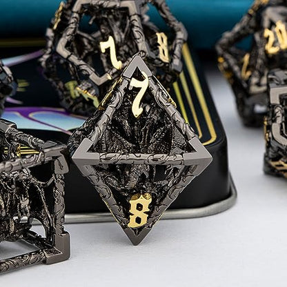ARUOHHA Hollow DND Dice Set Black Gold 5-Headed Dragons D and D Dice with Gift Box, RPG Role Playing Games 7PCS Metal Dungeons Polyhedral Dice Set D20 D12 D6 - color: Black Gold-02