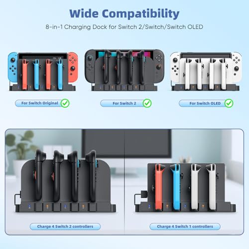 FASTSNAIL Switch Controller Charger for Nintendo Switch 2/1/OLED for Joycon | 9-in-1 Dual-Direction Magnetic Controller Charging Dock for Joycon 2, Switch 1/2 Fast Charger Station Stand Accessories - size: For Switch 1/2