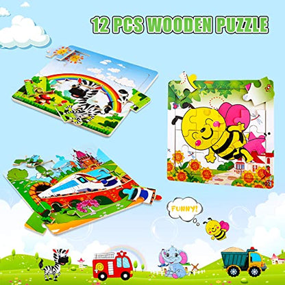 SANNIX 12 Pack Wooden Jigsaw Puzzles for Toddlers 3-5 Years Old | Party Favors Animals Jigsaw for Kids, Transportation Educational Puzzles, Travel Toy with 12 Organize Bags - style: Vehicles + Animals