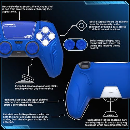 PlayVital Silicone Skin Set for PS5 Controller - Charging Dock Compatible, Full Protection Case with Futuristic CyberMech Design, Soft Cover with Thumb Grips & Stickers - Blue - color: Blue