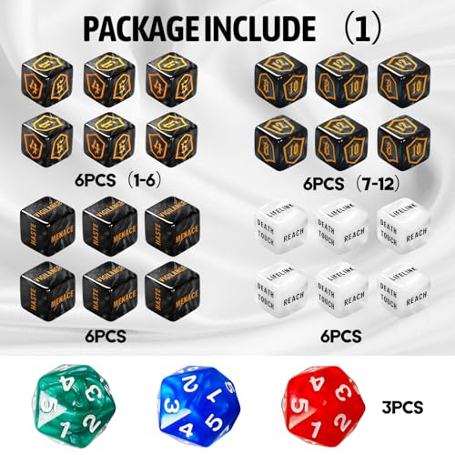 63 PCS MTG Dice Set with Shield Life Counter (1–12), Keyword Ability Counters, +1/-1 Stat Modifier Dice in 6 Colors, D20 & Storage Bag