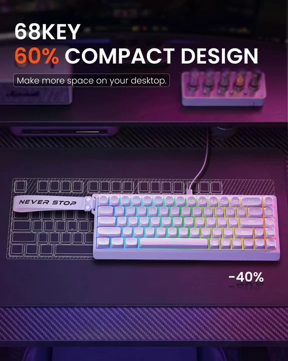 SEUNKWANG F68 Gaming Keyboard, Portable 60% Compact Mini Keyboard with 68 Round PBT Keycaps, Wired RGB Backlit Mechanical Feel Keyboard for PC Laptop Windows Gamer, White