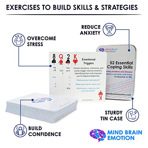 Mind Brain Emotion 52 Essential Coping Skills Cards - Self Care Exercises for Stress and Social Anxiety Relief - Resilience, Emotional Agility, Confidence Therapy Games for Teens, Adults - style: Coping Skills