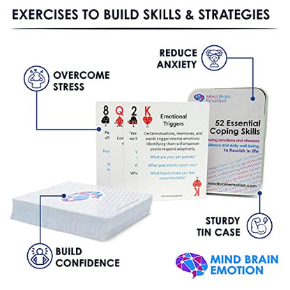 Mind Brain Emotion 52 Essential Coping Skills Cards - Self Care Exercises for Stress and Social Anxiety Relief - Resilience, Emotional Agility, Confidence Therapy Games for Teens, Adults - style: Coping Skills