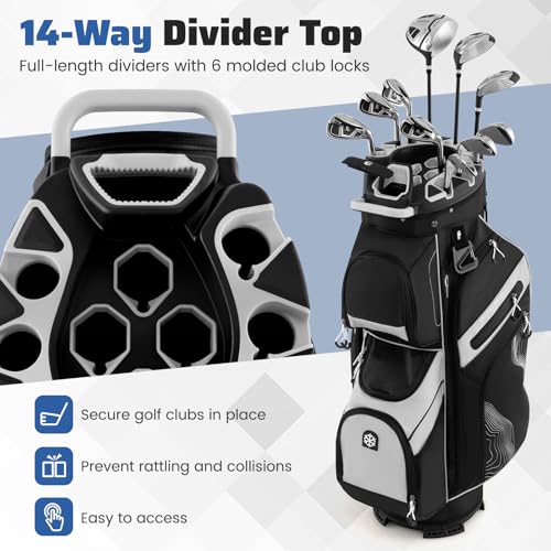 Goplus Lightweight Golf Cart Bag, Molded Lock Top Golf Club Bag w/14-Way Full Length Organizer Dividers, 11 Pockets, Cooler Bag, Straps, Umbrella Holder & Rain Hood for Men Women - color: Black+Grey