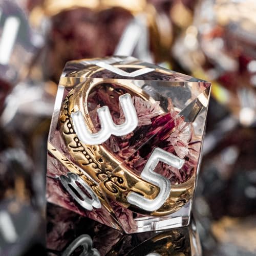 Magic Golden Ring DND Dice Set Sharp Edge Resin Dice with Case, Pink Flower Lord D and D Dice for use with D&D RPG Role Playing Games, Polyhedral Dice Set D20 D12 D10 D8 D6 - color: Ring-flower-1