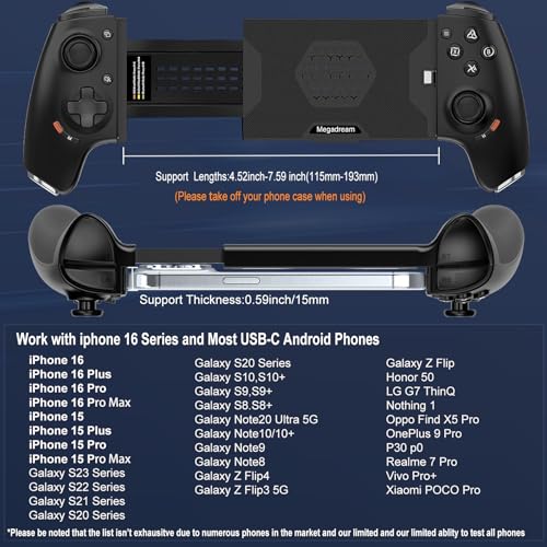 Megadream Phone Controller for iPhone 17/iPhone 16/iPhone 15/Android USB C Mobile Gaming Controller with 3.5mm Audio Jack, Remote Player Gamepad for PS5/PS4/Xbox/PC, Cloud Game, Plug and Play, Hall Joysticks/Hall Trigger, 2 Mappable Buttons - color: Black