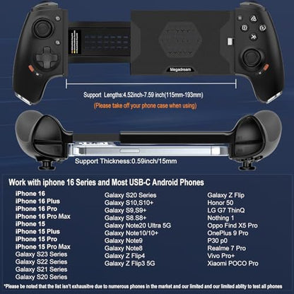 Megadream Phone Controller for iPhone 17/iPhone 16/iPhone 15/Android USB C Mobile Gaming Controller with 3.5mm Audio Jack, Remote Player Gamepad for PS5/PS4/Xbox/PC, Cloud Game, Plug and Play, Hall Joysticks/Hall Trigger, 2 Mappable Buttons - color: Black