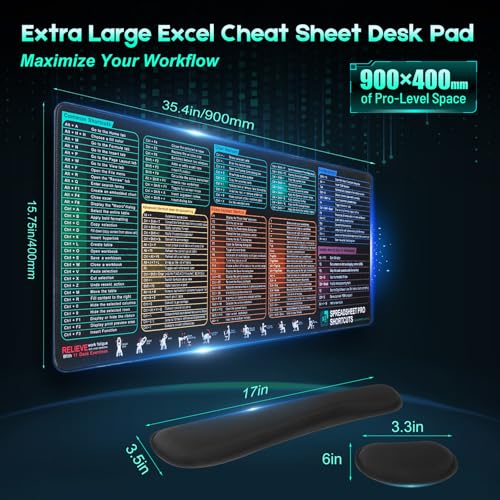 Excel Cheat Sheet Mouse Pad Set | 3-Piece XXL Ergonomic Desk Mat with Wrist Rest for Office & Gaming(Black) - color: Black(XXL 3-Pack), size: 35.5L x 15.8W inches