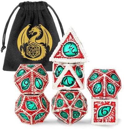 Metal Dice Set, Dragon Eye Theme, 7pcs Polyhedral Metal DND Dice Set, DND Starter Set, D&D Gifts with Gift Bag, Role Playing Board Games Accessories, Silver Red Green - color: Silver Red Green With Gift Bag