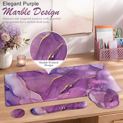 iCasso Purple Ergonomic Large Mouse Pad with Wrist Support, 4in1 XXL Desk Mat Set- Keyboard Wrist Rest + Mouse Wrist Rest + Coaster, Marble Style Desk Pad Mousepad - color: 1-Purple Marble