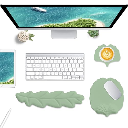 Keyboard Wrist Rest and Mouse Pad with Wrist Support Set, Ergonomic Leaf Shape Mouse Pad with Non-Slip Base, Pain Relief Memory Foam Mousepad for Computer,Laptop,Home Office, Green - color: Green