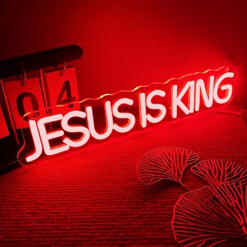 Mutank Jesus is King Neon Sign, Christian Neon Light USB Powered Dimmable LED, for Easter Church Religious Bible Verse Church God Christian Faith Based Sign Inspirational Christian Gifts(15.7*3.1 In) - color: Red+White
