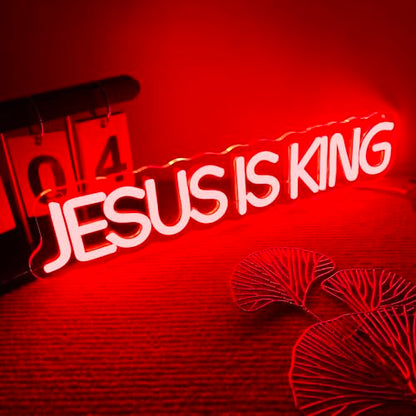 Mutank Jesus is King Neon Sign, Christian Neon Light USB Powered Dimmable LED, for Easter Church Religious Bible Verse Church God Christian Faith Based Sign Inspirational Christian Gifts(15.7*3.1 In) - color: Red+White