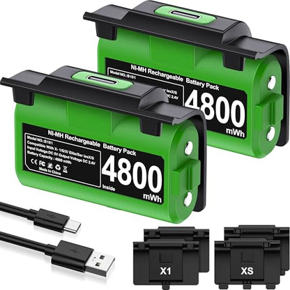 EXTREMECOOL Rechargeable Xbox Controller Battery Pack for Xbox Series X|S/One S|X/One Elite Controllers, Xbox Play and Charge Kit Incl. 2x4800mWh X-1 Batteries, 4x Battery Covers, USB C Charging Cable