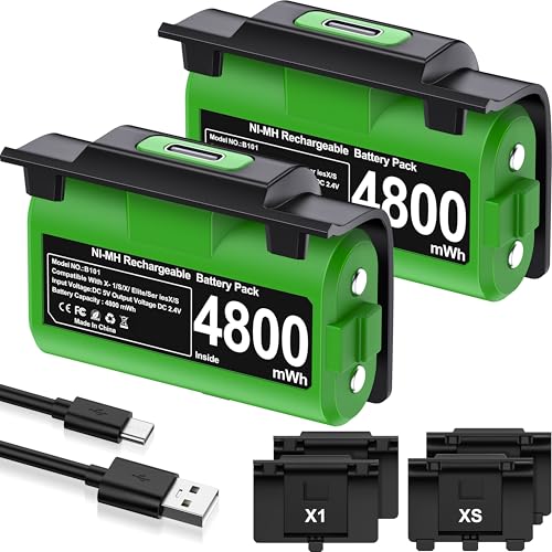 EXTREMECOOL Rechargeable Xbox Controller Battery Pack for Xbox Series X|S/One S|X/One Elite Controllers, Xbox Play and Charge Kit Incl. 2x4800mWh X-1 Batteries, 4x Battery Covers, USB C Charging Cable