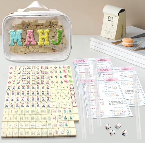 Mini Mahjong Set,American Mahjong Game Set,Complete Mahjong Tile Set with 166 White Tiles (0.8’’),4 Tile rulers,4 dice,1 Bag,5 Instruction Manuals,Perfect Mahjong Game Gift for Enthusiasts