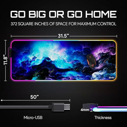 Gerlos RGB Gaming Mouse Pad, Large LED Desk Mat, 31.5 x 11.8 Inch | 12 light modes, non-slip base, water-resistant surface, stitched edges - color: Blue